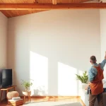 Hausrenovierung in vollem Gange: Handwerker tapeziert modernisiertes Wohnzimmer.