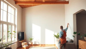 Hausrenovierung in vollem Gange: Handwerker tapeziert modernisiertes Wohnzimmer.