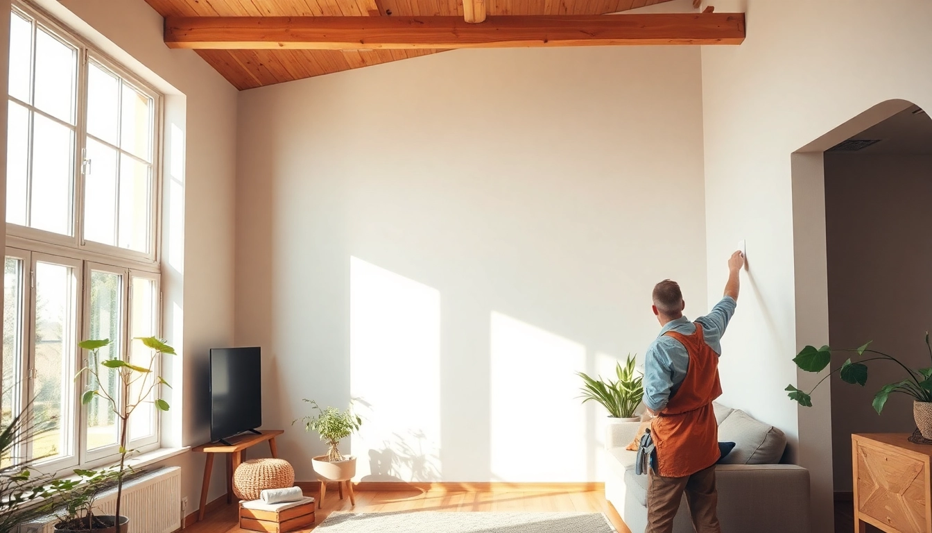 Hausrenovierung in vollem Gange: Handwerker tapeziert modernisiertes Wohnzimmer.