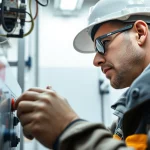 Technician conducting a DGUV V3 Prüfung on electrical devices to ensure workplace safety and compliance.