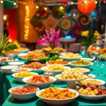 Delight in an inviting buffet catering setup filled with diverse cuisines and elegant tableware.