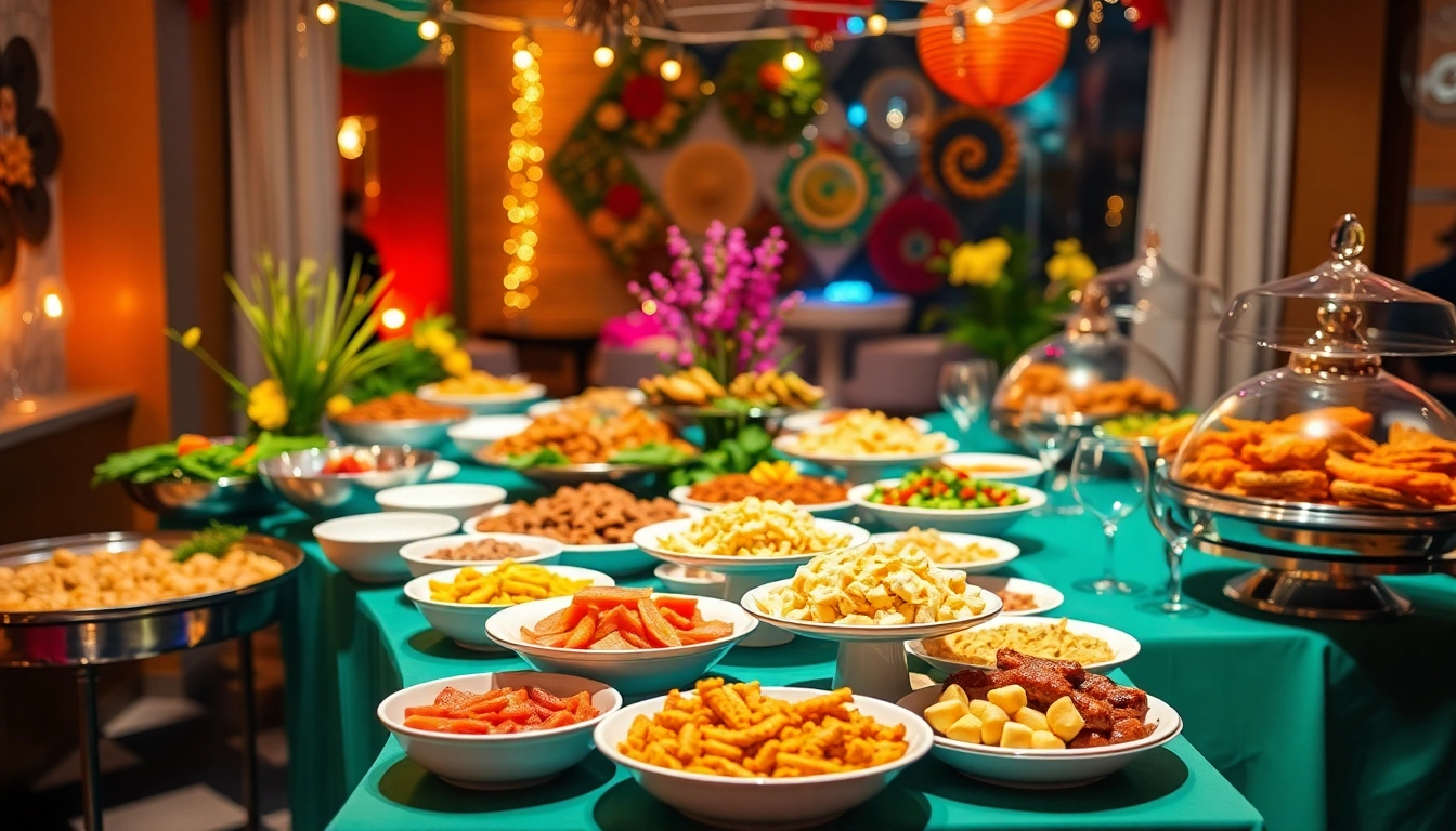 Delight in an inviting buffet catering setup filled with diverse cuisines and elegant tableware.
