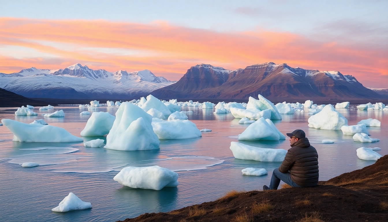 Erlebe die atemberaubende Schönheit einer Reise nach Island mit der Gletscherlagune Jökulsárlón im Hintergrund.