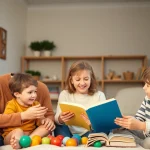 Kindererziehung in einer liebevollen Familienszene mit Eltern und Kindern beim Spielen.