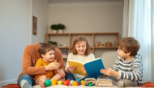Kindererziehung in einer liebevollen Familienszene mit Eltern und Kindern beim Spielen.