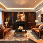Luxury living room with plush velvet sofas and elegant decor creating a warm ambiance.