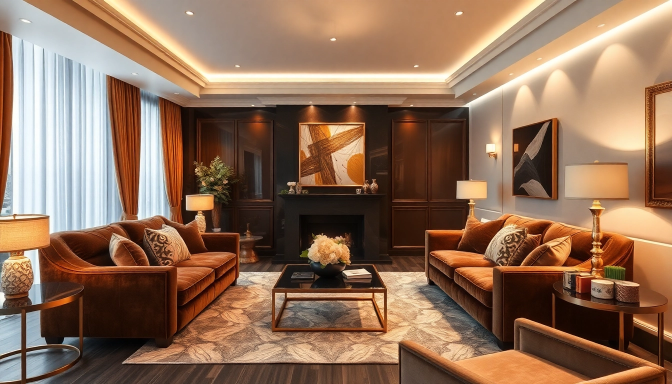 Luxury living room with plush velvet sofas and elegant decor creating a warm ambiance.