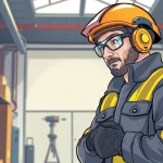Technician performing a DGUV V3 Prüfung with safety equipment and tools in a well-lit workshop.
