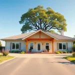 Visualisierung eines einladenden Hauses zum Hauskauf mit schönem Garten und einladendem Eingang.