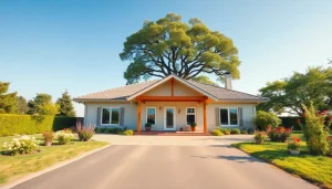 Visualisierung eines einladenden Hauses zum Hauskauf mit schönem Garten und einladendem Eingang.