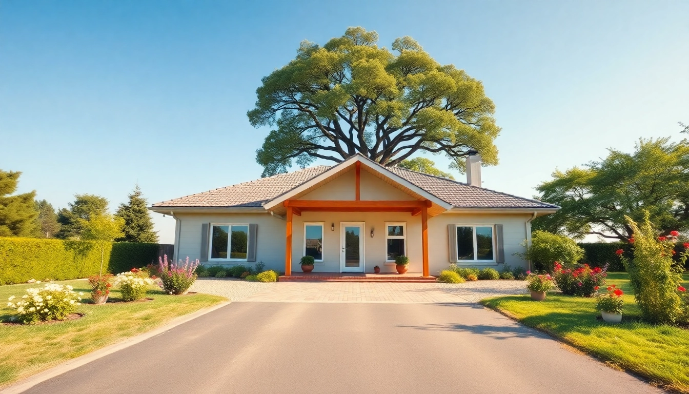 Visualisierung eines einladenden Hauses zum Hauskauf mit schönem Garten und einladendem Eingang.