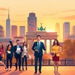 Depicting professionals in a vibrant German urban setting, exploring the topic of net salary in Germany.