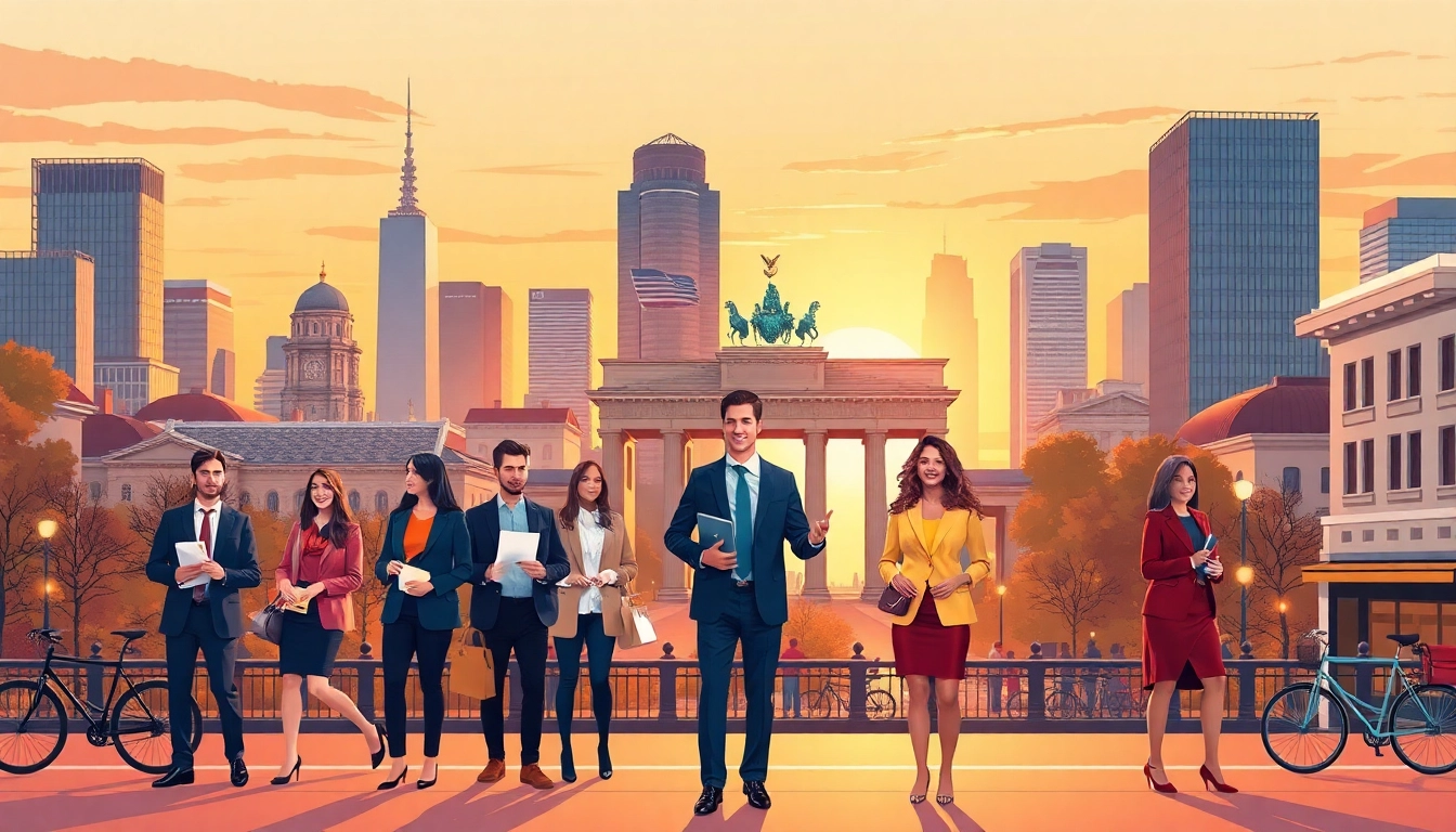 Depicting professionals in a vibrant German urban setting, exploring the topic of net salary in Germany.