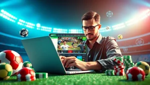 Entdecken Sie wettanbieter ohne lugas auf einem modernen Laptop; eine dynamische Wettumgebung mit Sport und Quoten im Hintergrund.