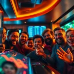 Experience the thrill of crypto sports betting with engaged fans at a digital interface in a modern sports bar.