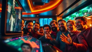 Experience the thrill of crypto sports betting with engaged fans at a digital interface in a modern sports bar.