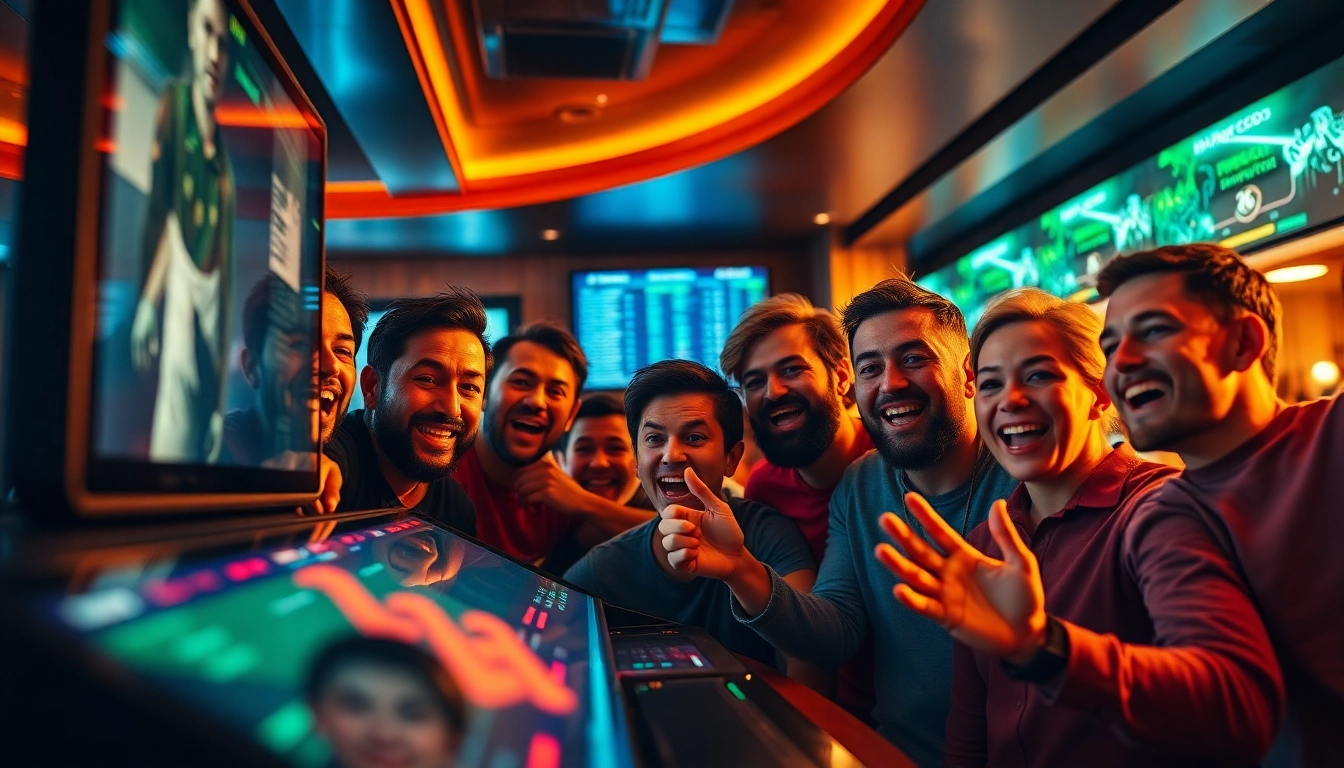 Experience the thrill of crypto sports betting with engaged fans at a digital interface in a modern sports bar.