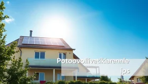 Visualisieren Sie Photovoltaikanlage kaufen Tipps durch ein modernes Wohngebäude mit Solarpanels unter strahlendem Sonnenschein.