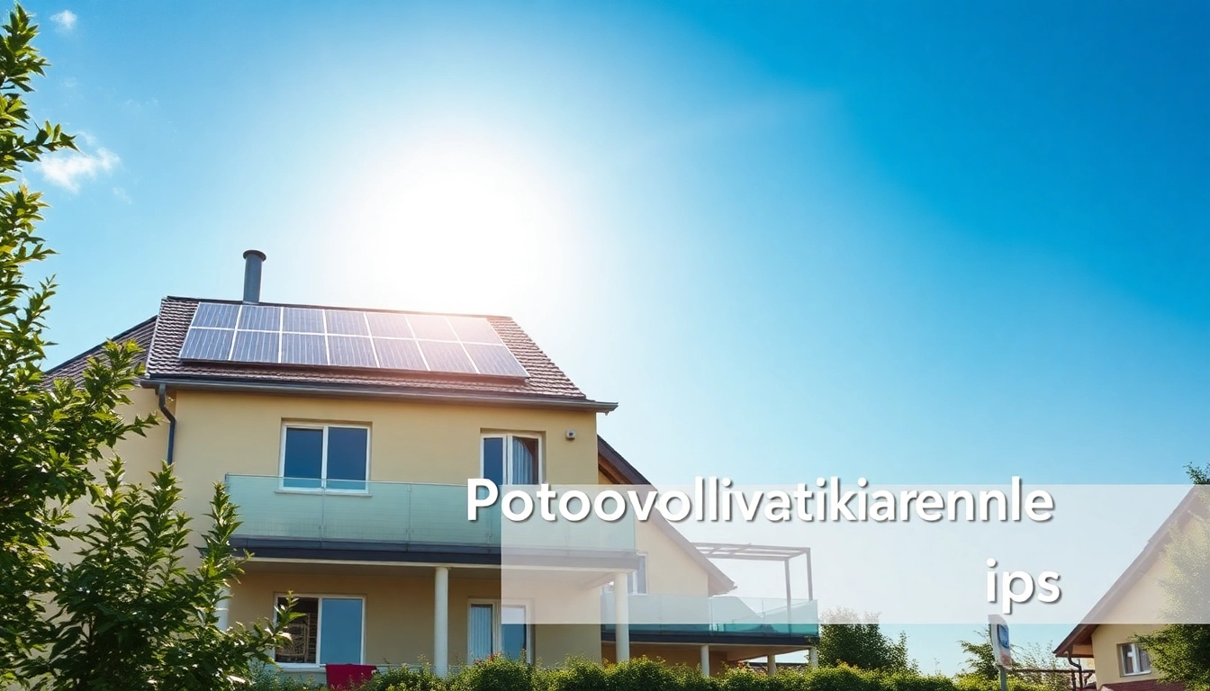 Visualisieren Sie Photovoltaikanlage kaufen Tipps durch ein modernes Wohngebäude mit Solarpanels unter strahlendem Sonnenschein.