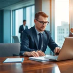 Headhunter, der konzentriert an einem Laptop arbeitet und Notizen im modernen Büro macht.