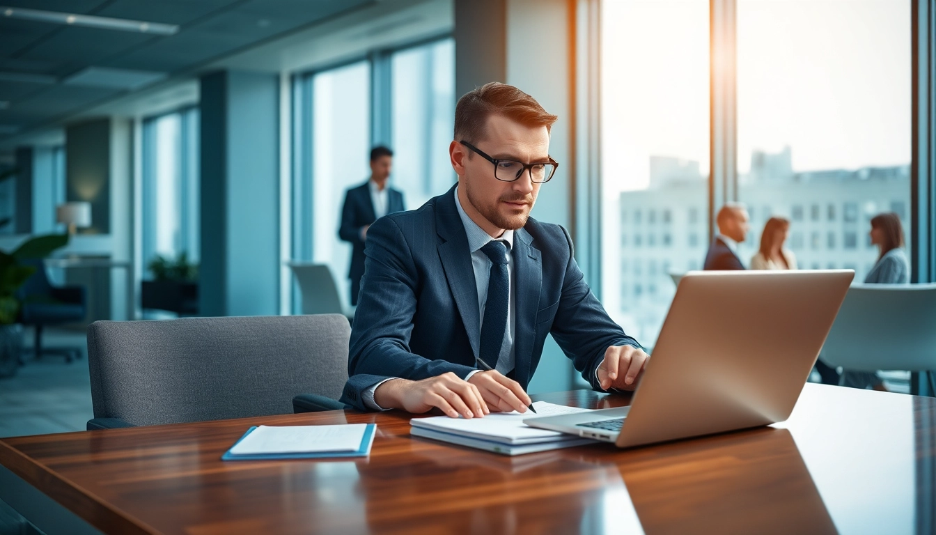Headhunter, der konzentriert an einem Laptop arbeitet und Notizen im modernen Büro macht.
