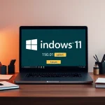 Win 11 kaufen: Modernes Laptop-Setup mit Windows 11-Interface und kreativem Schreibtischambiente.