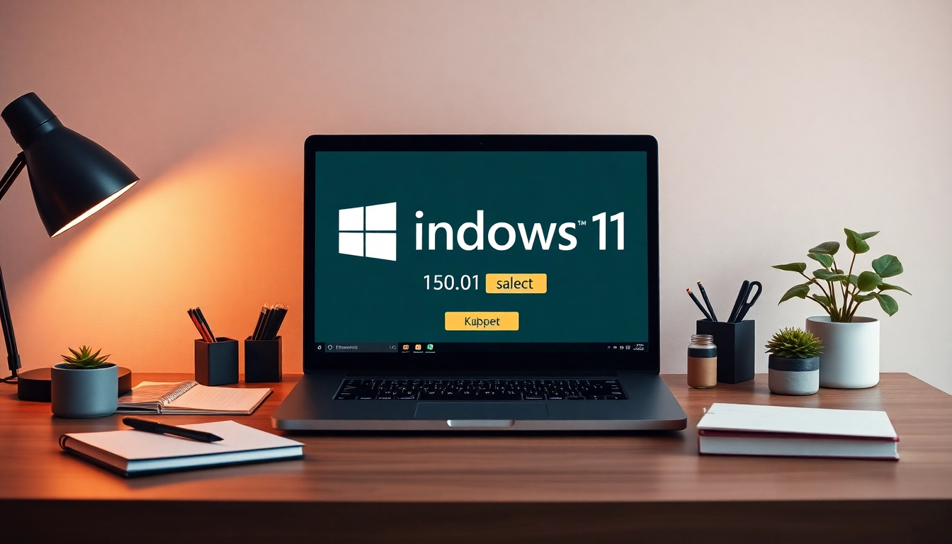 Win 11 kaufen: Modernes Laptop-Setup mit Windows 11-Interface und kreativem Schreibtischambiente.
