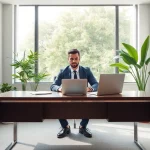 Headhunter München im modernen Büro, konzentriert an einem Schreibtisch mit Laptop, umgeben von Pflanzen.