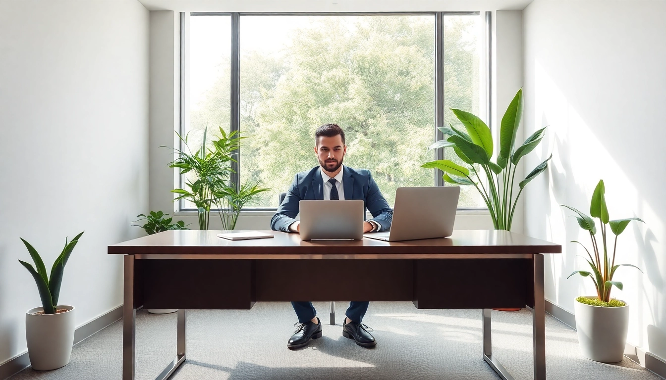 Headhunter München im modernen Büro, konzentriert an einem Schreibtisch mit Laptop, umgeben von Pflanzen.