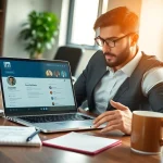Headhunter examines candidate profiles in a modern office setting.