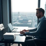 Headhunter Mühlheim bei der Arbeit, umgeben von Unterlagen und Laptop in einem eleganten Büro.
