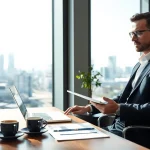 Headhunter Düsseldorf bei der Arbeit in einem modernen Büro mit Blick auf die Stadt.