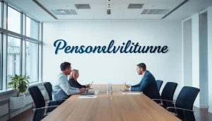 Visualisiere Personalvermittlung bei einer engagierten Diskussion in einem modernen Büro, das inspirierend wirkt.