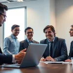 Headhunter Vertrieb: Fachleute diskutieren Strategien in einer modernen Recruiting-Szenerie.
