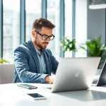 Headhunter Sales im modernen Büro, konzentriert an einem Schreibtisch mit Laptops.
