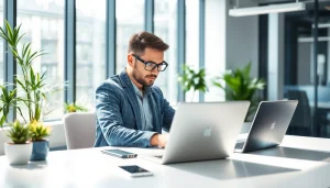 Headhunter Sales im modernen Büro, konzentriert an einem Schreibtisch mit Laptops.