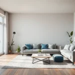 Gestalte ein modernes Wohnzimmer mit Raumgestaltung, das Helligkeit und Gemütlichkeit ausstrahlt.