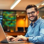 Professioneller Headhunter IT arbeitet konzentriert an seinem Laptop in einem modernen Büro.