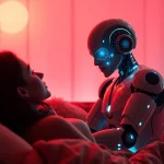 Engaging interaction between a user and an AI sex bot in a warm, romantic setting.