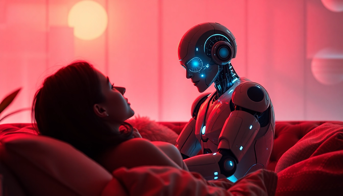 Engaging interaction between a user and an AI sex bot in a warm, romantic setting.