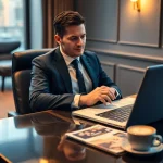 Professioneller Headhunter Gastronomie überprüft Lebensläufe in einem eleganten Büro.