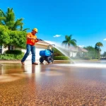 Driveway pressure wash service revitalizing a stained driveway in Kissimmee, Florida.
