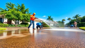 Driveway pressure wash service revitalizing a stained driveway in Kissimmee, Florida.