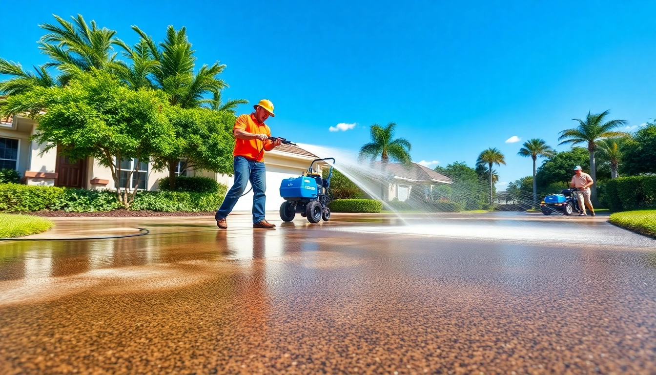 Driveway pressure wash service revitalizing a stained driveway in Kissimmee, Florida.