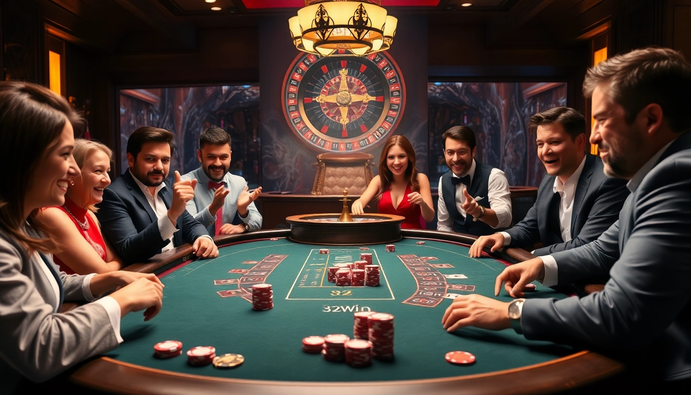 Players enjoying a thrilling game at the 32WIN casino, showcasing poker excitement and luxury.