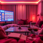 Intimate NSFW AI chat experience in a cozy modern room, featuring a vibrant chat interface.