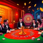 Excited players at the b52 club poker table place bets amidst vibrant casino atmosphere.