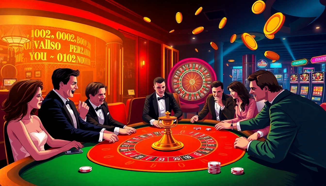 Excited players at the b52 club poker table place bets amidst vibrant casino atmosphere.