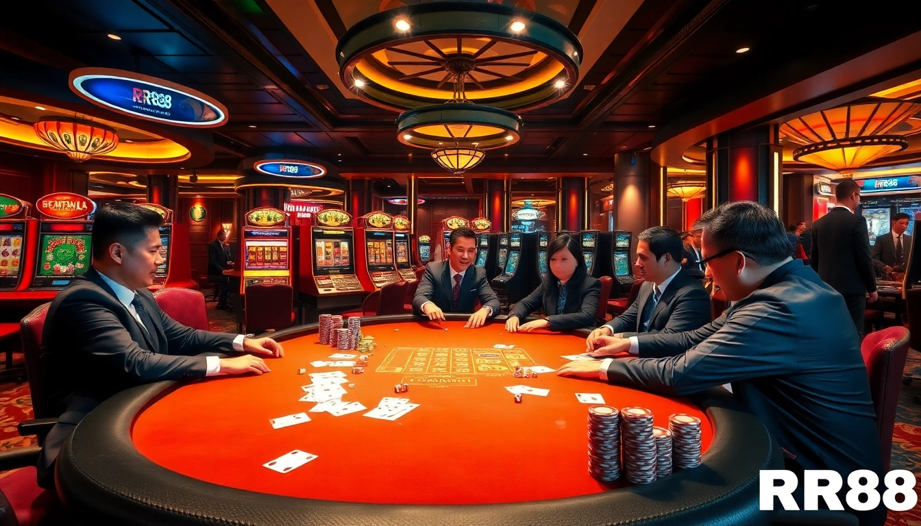 Gamblers experiencing an exciting game at RR88 casino with poker chips and cards.