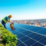 Installation von PV Anlagen Wien auf einem Wohnhaus, der Installateur zeigt Technik und Effizienz.